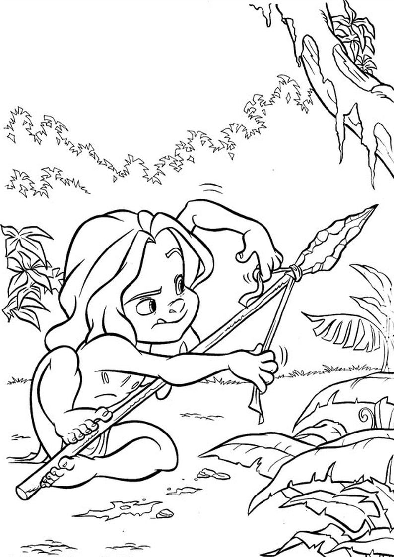 dla dzieci kolorowanki Tarzan Początek legendy Disney, obrazek z małym Tarzankiem próbującym skonstruować włócznię, malowanka do wydruku i pokolorowania numer 17